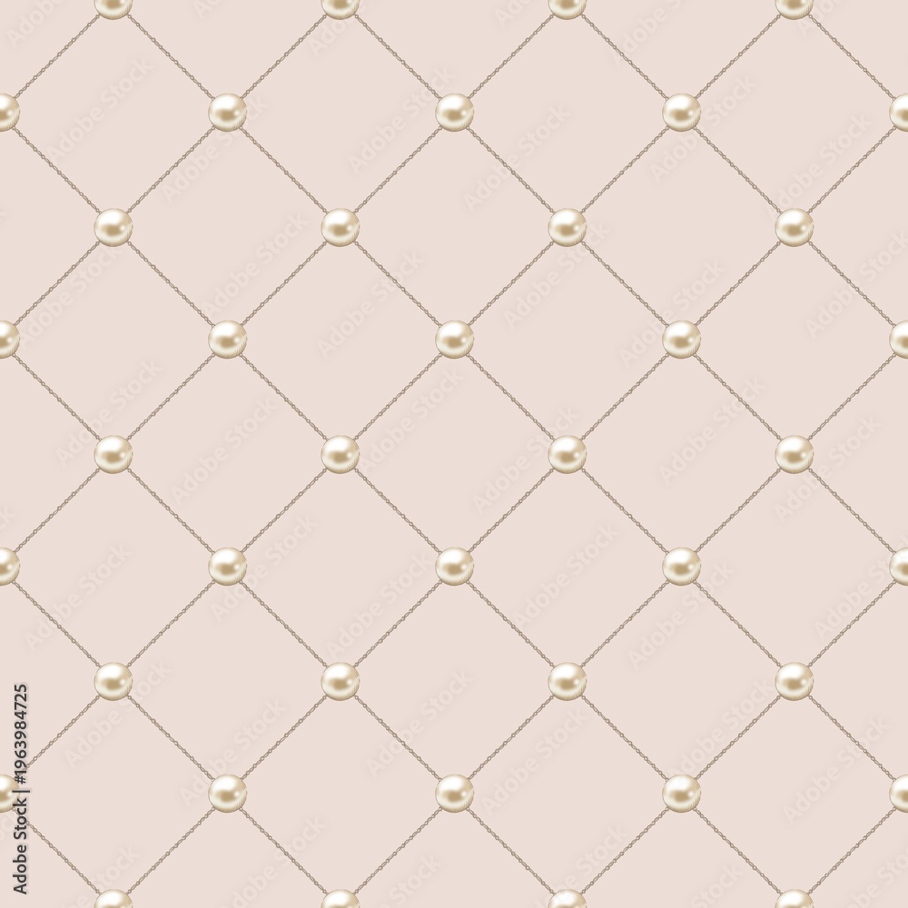 Naklejka premium Luxury pearl quilted seamless pattern. Elegant dusty pink background with golden chains and shiny pearls in a diamond grid. Sophisticated texture for high-end fashion and interior design.