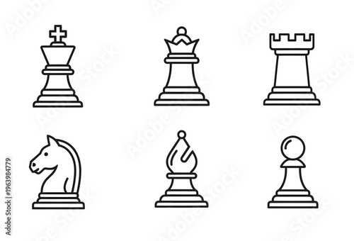 Minimalist chess icons set line art style with king queen bishop knight rook and pawn. International Chess Day