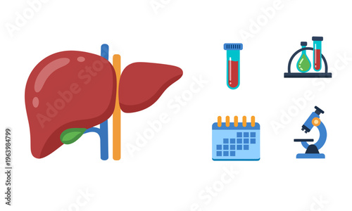 Liver organ, blood test tubes, laboratory beakers, calendar and microscope icons for medical research and World Hepatitis Day