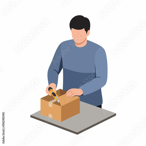 Isometric Man Opening Cardboard Box with Utility Knife for Delivery Service