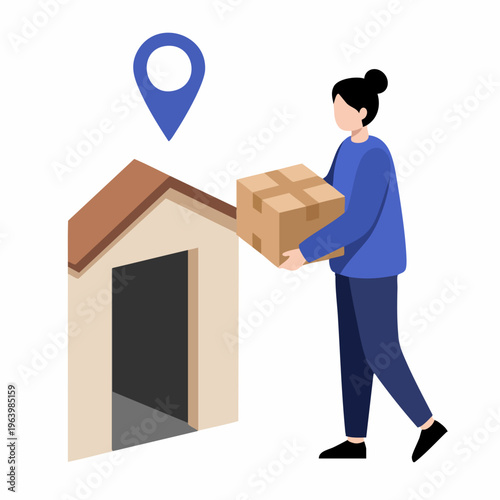 Flat Illustration Delivery Person Holding Box in Front of House