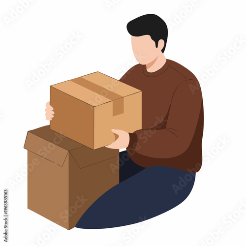 Isometric Style Illustration of Man Carrying Cardboard Box for Moving Services