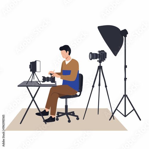 Simple Flat Style Photographer in Studio Setting Illustration with Equipment