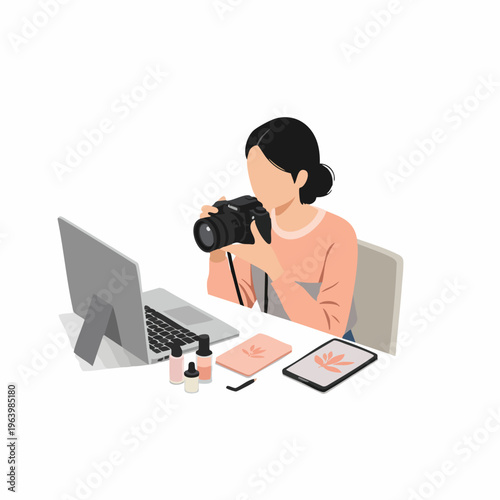 Minimalist Line Art Woman with Camera and Laptop Workspace Illustration