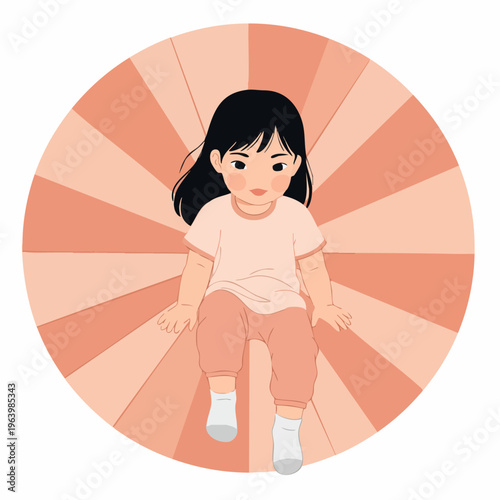 Cute Flat Illustration of a Sitting Asian Little Girl Character