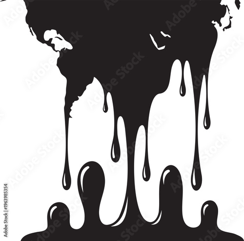 Global oil spill and environmental pollution concept. Vector illustration of a melting world map dripping black crude oil. Industrial waste and climate change ecological disaster silhouette.