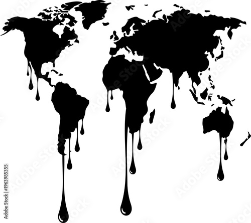 Melting world map silhouette concept. Global warming and climate change vector. Earth map dripping with oil or heat for environmental advocacy and ecological crisis illustration.