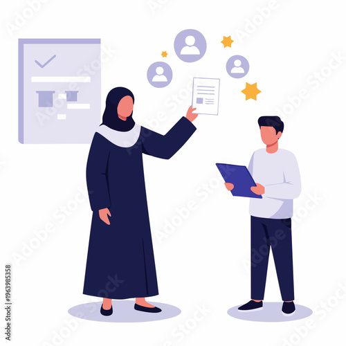 Modern Flat Illustration of Arab Woman Mentoring Young Man in Office Environment