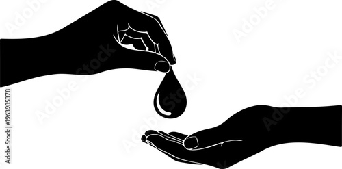 Humanitarian aid and life-saving concept. Vector silhouette of one hand giving a drop to another. Healthcare donation, blood donor support, and water conservation symbol illustration.