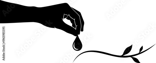Environmental conservation and growth concept. Vector silhouette of a hand nurturing a growing plant sprout with a water drop. Ecology protection and reforestation symbol illustration.