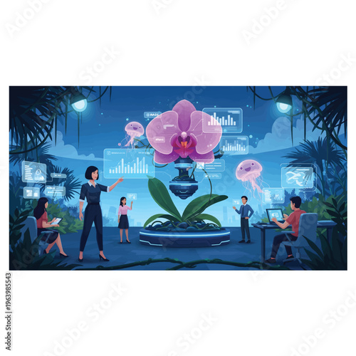 Futuristic botanists using holographic technology and data analysis to study a glowing orchid in a high-tech, immersive botanical research lab setting with jungle foliage and blue lighting. 