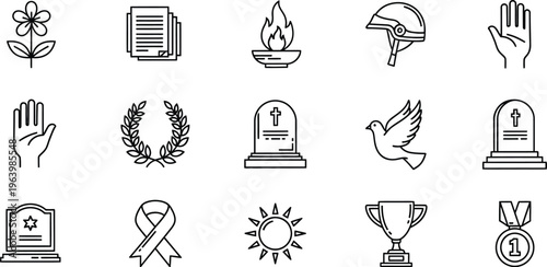 Diverse collection of minimalist line art icons representing remembrance, memorial, achievement, and various symbolic elements on a clean white background.