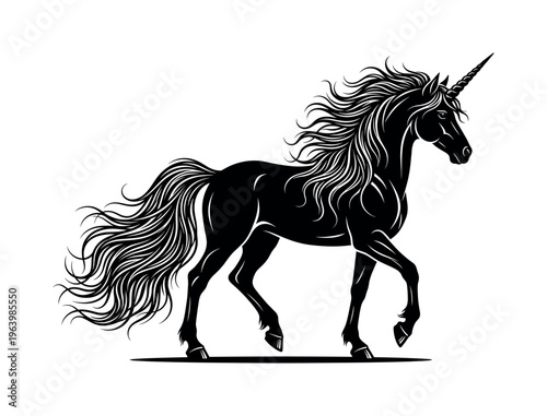 Majestic black unicorn silhouette. A mythical horse with a flowing mane and horn. Magical fantasy vector art for logos, emblems, or creative design projects.