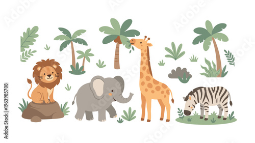 Adorable cartoon safari animals set with lion, elephant, giraffe, zebra, and jungle plants. Cute vector illustration for kids designs, baby nursery decor, or party invitations.