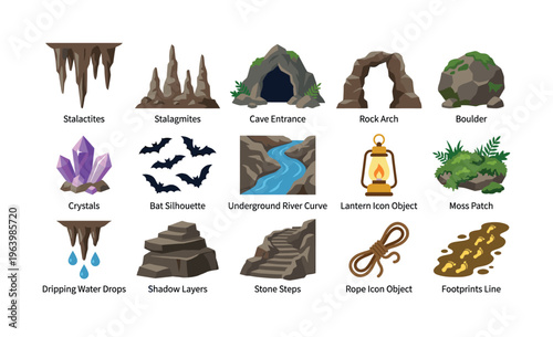A collection of vector icons for cave exploration and adventure games. Includes stalactites, crystals, bats, and other underground nature elements for design projects.