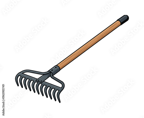 Vector cartoon illustration of a garden rake with a wooden handle. A simple tool for yard work, farming, or autumn cleanup. Perfect for agricultural and landscaping concepts.