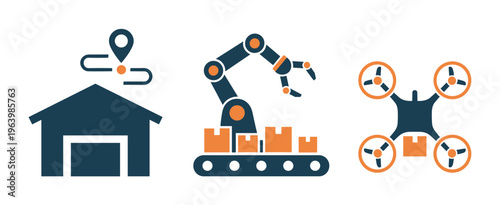 Vector icon set for logistics and automation. Features a warehouse with route, a robotic arm with packages, and a delivery drone. Ideal for technology and supply chain topics.