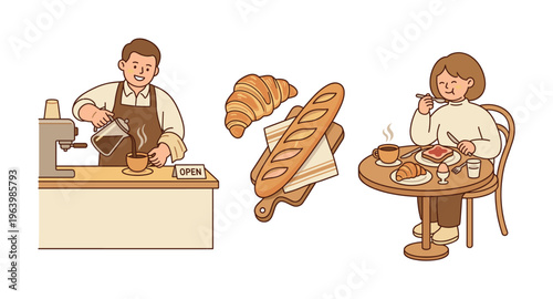 Cute vector collection of coffee shop scenes. A smiling barista pours coffee, a woman eats breakfast, with croissant and bread icons. Ideal for cafe branding and marketing.