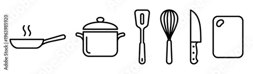 Set of black outline kitchen and cooking utensil icons. Includes pan, pot, spatula, whisk, knife, and cutting board. For recipes, menus, food blogs, and UI design.