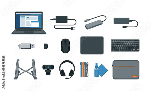 Vector set of modern laptop accessories for remote work. Includes keyboard, mouse, headset, webcam and gadgets for a productive home office setup. Flat design illustration.