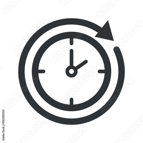 Minimalist clock icon with circular arrow. Symbol of time passage, history, schedule, and 24-hour service. Flat vector graphic for web, app, and interface design projects.