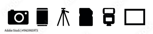 A set of photography icons including a camera, lens, tripod, memory card, and flash. Simple black silhouettes for creative projects, websites, or graphic design.