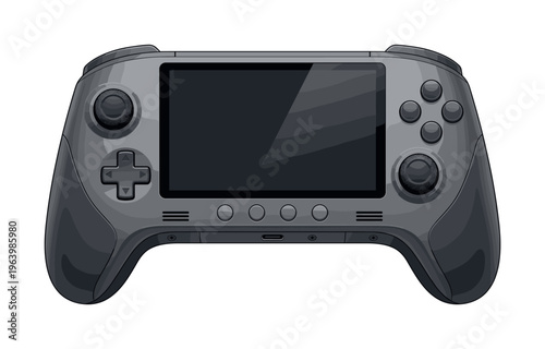 A modern handheld gaming console vector. Gray portable device for video games, esports and entertainment. Gamepad illustration with screen, joystick and buttons. Tech concept.