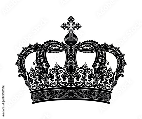 Elegant black silhouette of an ornate royal crown with a cross. A majestic vector graphic for luxury branding, heraldry, logos, and emblems symbolizing power and royalty.
