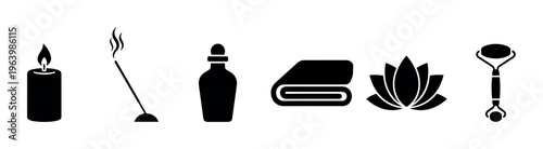A set of black vector icons for spa, beauty, and relaxation concepts. Includes candle, incense, oil, towel, lotus, and facial roller symbols for wellness branding.