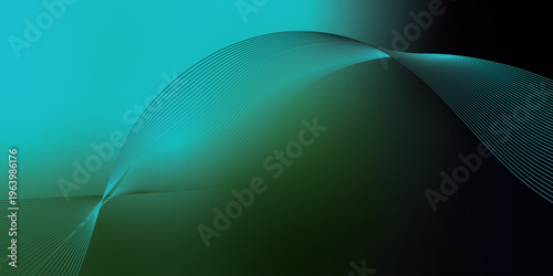 Bright azure, green and black glowing ribbons sweeping upward from a deep shadowed base across a subtle grainy textured backdrop with soft luminous highlights, modern abstract banner design.