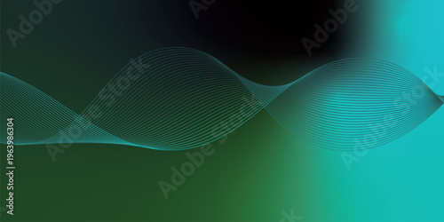 Bright azure, green and black glowing ribbons sweeping upward from a deep shadowed base across a subtle grainy textured backdrop with soft luminous highlights, modern abstract banner design.