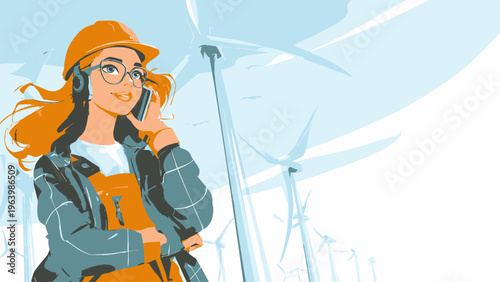 Woman in hard hat and headphones on a phone call in front of wind turbines