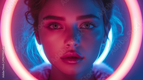A young woman poses, bathed in the ethereal glow of a ring light, accentuating her striking features and gaze.