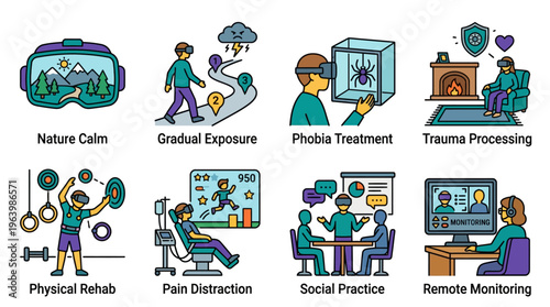 Virtual Reality Therapy and Medical Rehabilitation Icon Set