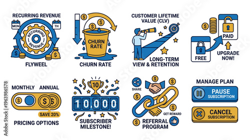 Recurring Revenue SaaS Metrics and Subscription Management Icon Set