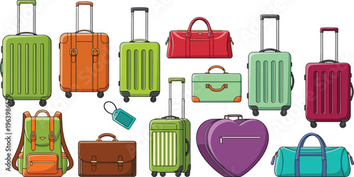 Diverse Travel Bag Vector Collection Featuring Modern Suitcases, Heart Shaped Luggage, Professional Briefcase, Hiking Backpack, and Duffel Bags for Global Tourism Designs