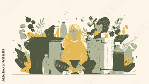 Young woman sits calmly surrounded by various household items and lush green plants, embodying a peaceful domestic lifestyle and sustainable living
