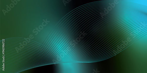 Bright azure, green and black glowing ribbons sweeping upward from a deep shadowed base across a subtle grainy textured backdrop with soft luminous highlights, modern abstract banner design.