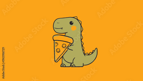 Delightful cartoon dinosaur illustration holding a cheesy pizza slice, showcasing a happy, whimsical character on a bright orange background for fun designs