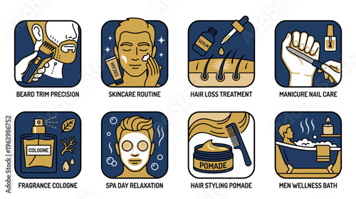 Set of Eight Men Grooming and Self Care Wellness Icons