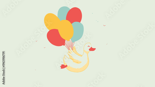 Adorable cartoon duck takes flight, happily clutching a vibrant bouquet of colorful balloons against a serene background, symbolizing joy and freedom