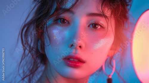 Captivating portrait of a young woman illuminated by a selfie ring light