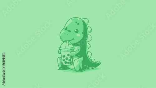Cute Cartoon Dinosaur Sipping a Refreshing Bubble Tea Drink