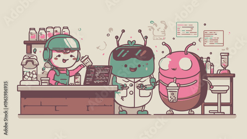 Whimsical futuristic cafe scene featuring a charming robot barista assisting adorable, stylized customers with a seamless digital transaction