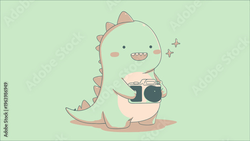 Whimsical Pastel Dinosaur Character Capturing Memories with a Classic Camera in a Sweet Cartoon Style