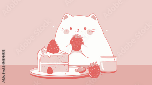 Chubby white cat character enjoying a sweet strawberry dessert, including a slice of cake and fresh berries, with a glass of milk on a charming pink background