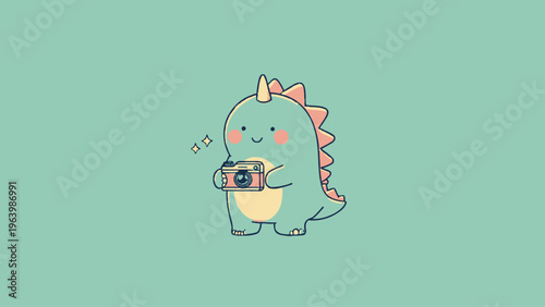 Kawaii dinosaur holding a camera, perfect for a whimsical and adorable touch on a mint green background