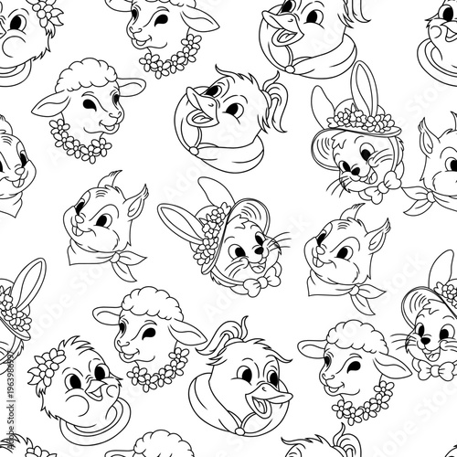 Seamless pattern Easter element,squirrels, ducks, chicks, sheep,rabbits.crafted using the invisible bounding box method no clipping masks,it versatile for high-end packaging, textiles,minimalist brand