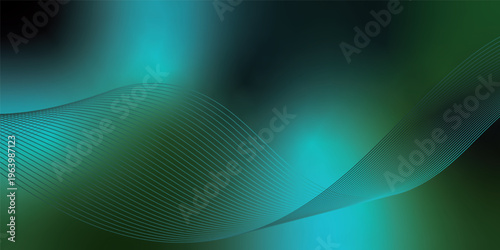 Bright azure, green and black glowing ribbons sweeping upward from a deep shadowed base across a subtle grainy textured backdrop with soft luminous highlights, modern abstract banner design.