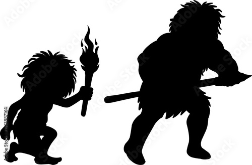 Set of solid black silhouette illustration of prehistoric cavemen hunting with spear and torch.